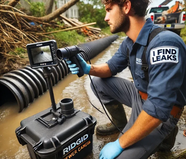 I Find Leaks Technician using ridgid sewer equipment to inspect a sewer after a hurricane.