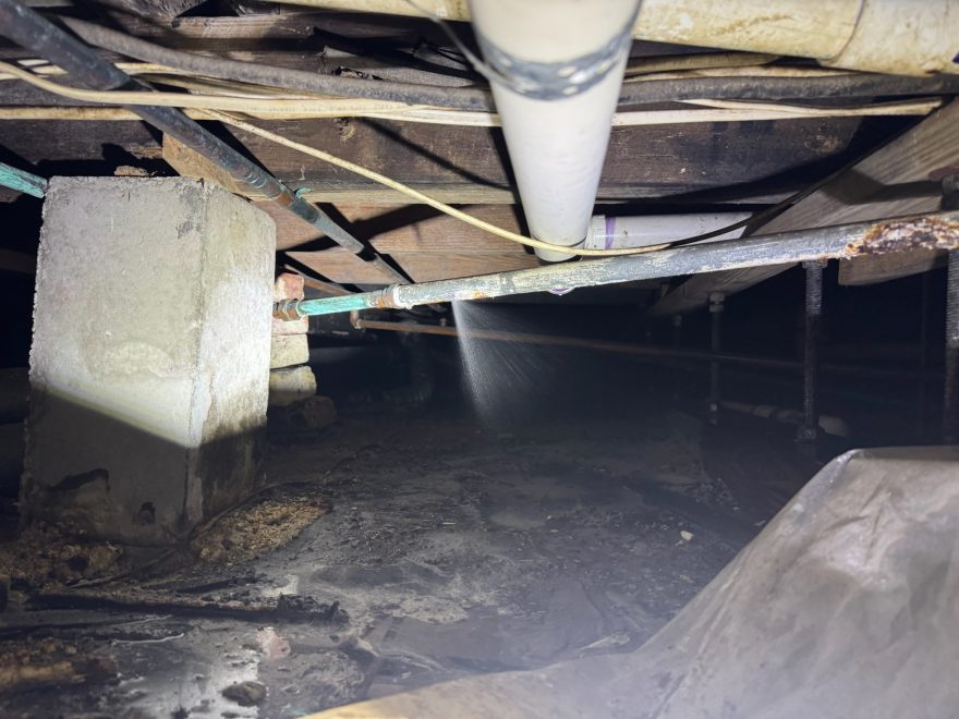 A galvanized pipe leak spraying under a crawl space on a St Petersburg leak detection job.